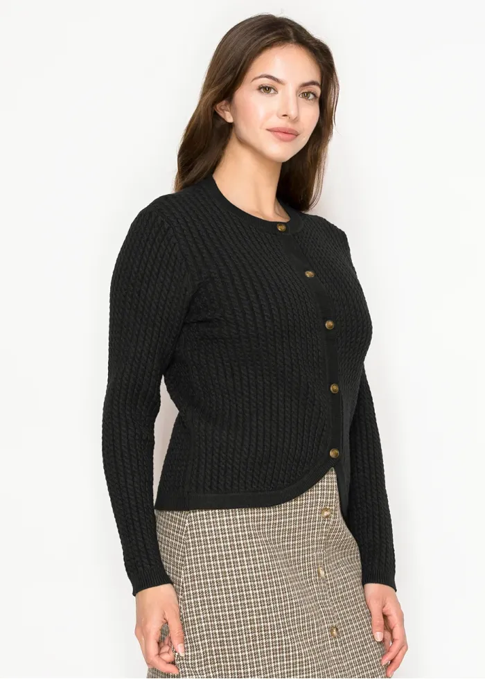 Black Crewneck Textured Cardigan
