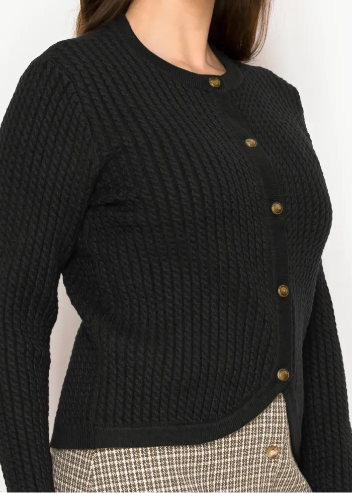 Black Crewneck Textured Cardigan
