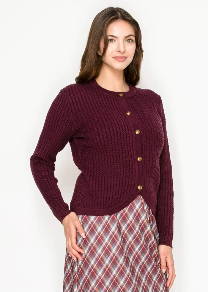 Burgundy Knit Cardigan with Curved Hem