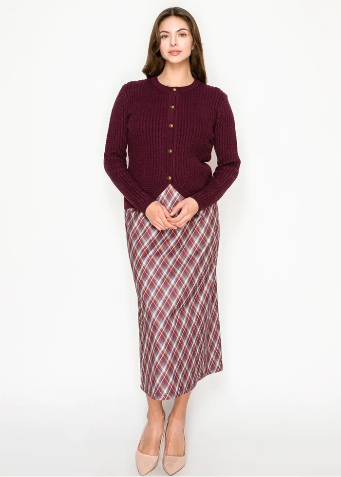 Burgundy Knit Cardigan with Curved Hem