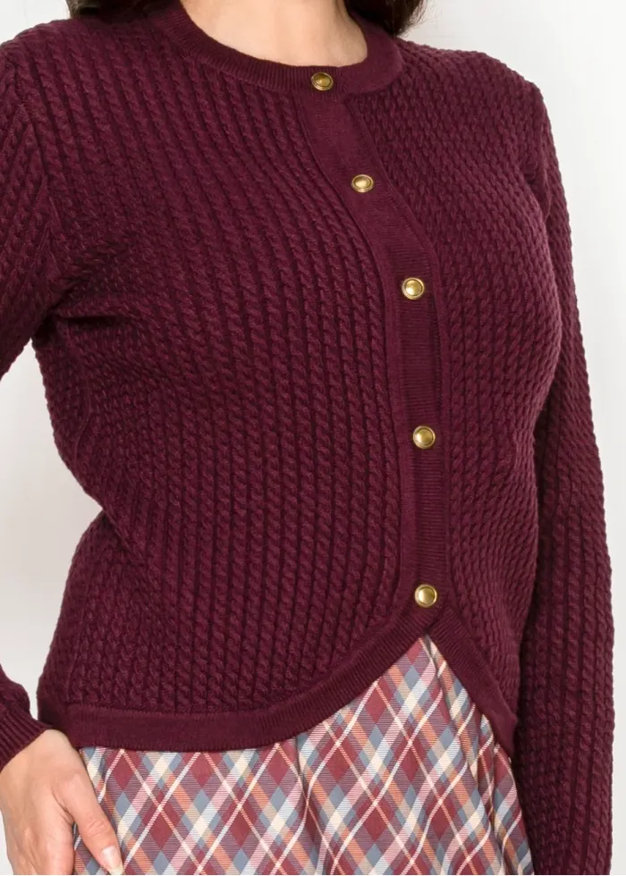 Burgundy Knit Cardigan with Curved Hem