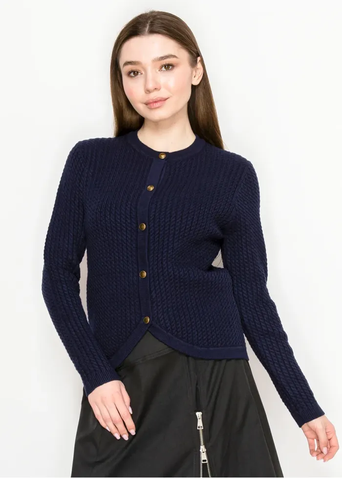 Navy Textured Knit Cardigan with Gold Buttons