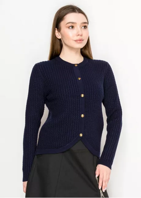 Navy Textured Knit Cardigan with Gold Buttons