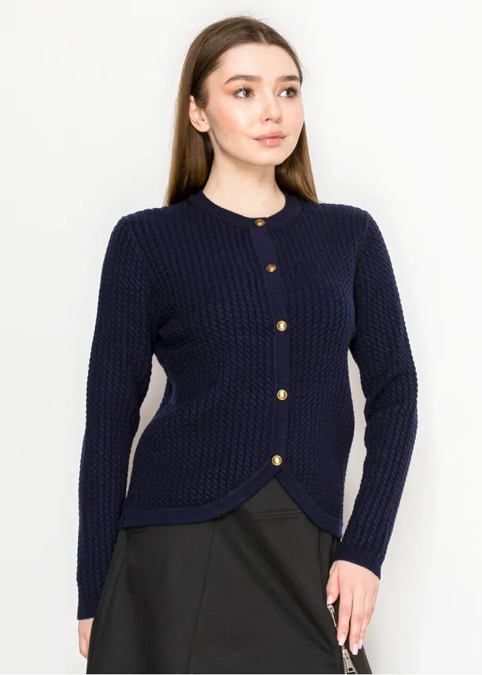 Navy Textured Knit Cardigan with Gold Buttons