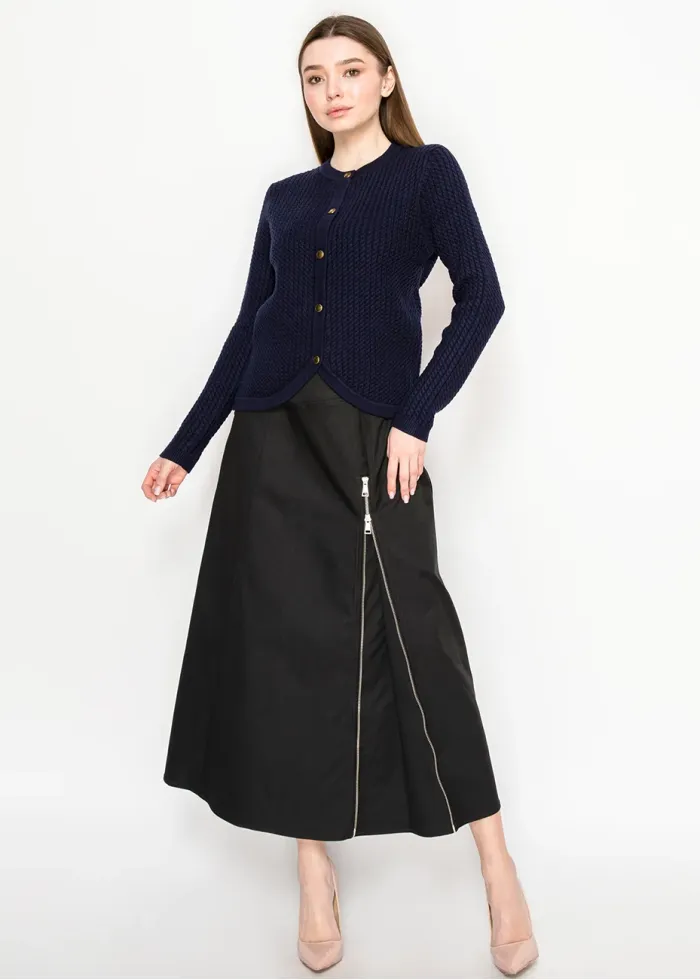 Navy Textured Knit Cardigan with Gold Buttons