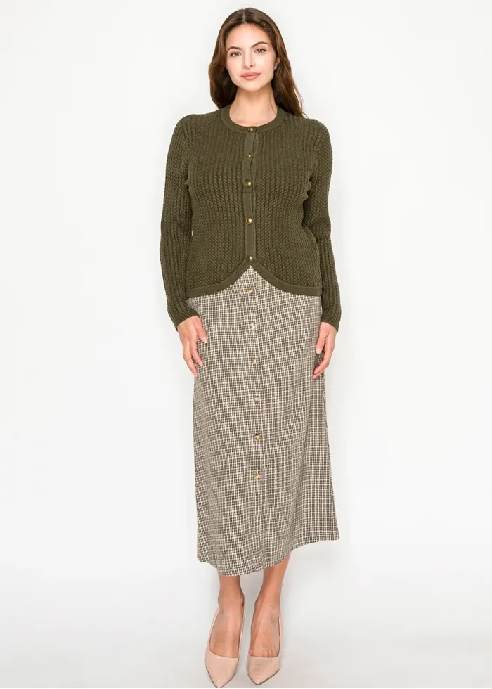 Olive Knit Cardigan with Curved Hem
