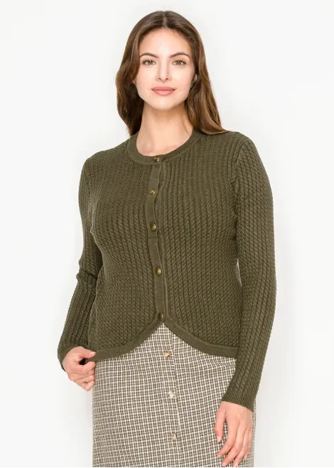Olive Knit Cardigan with Curved Hem