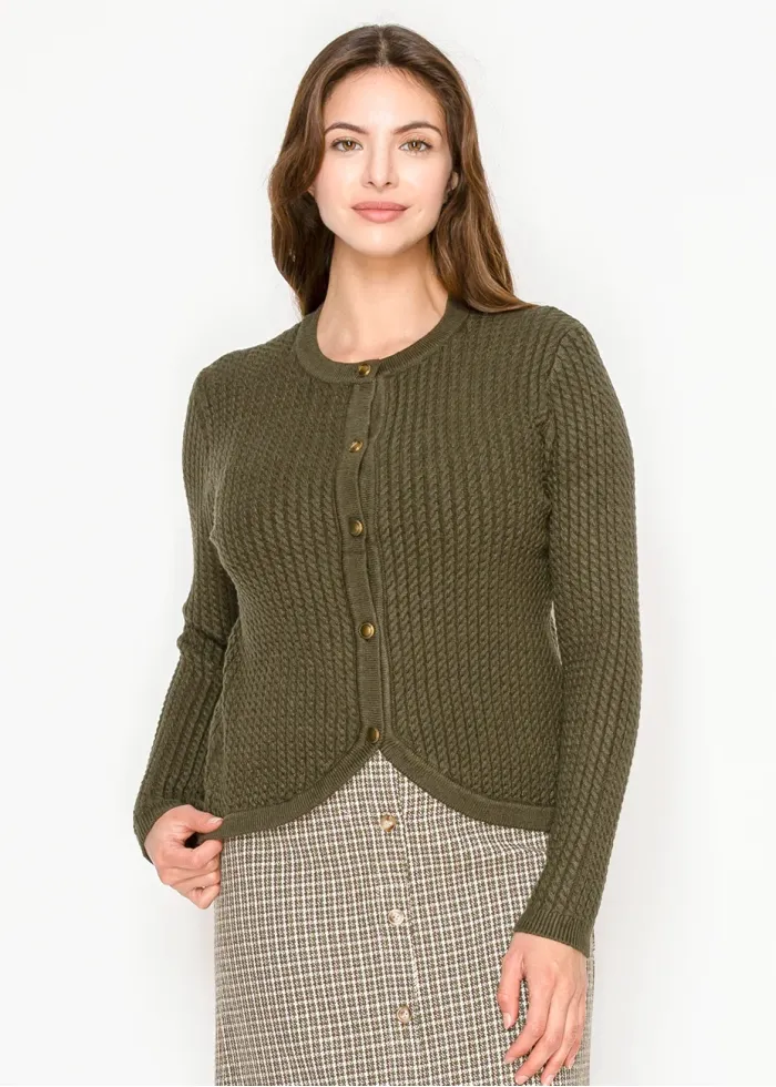 Olive Knit Cardigan with Curved Hem