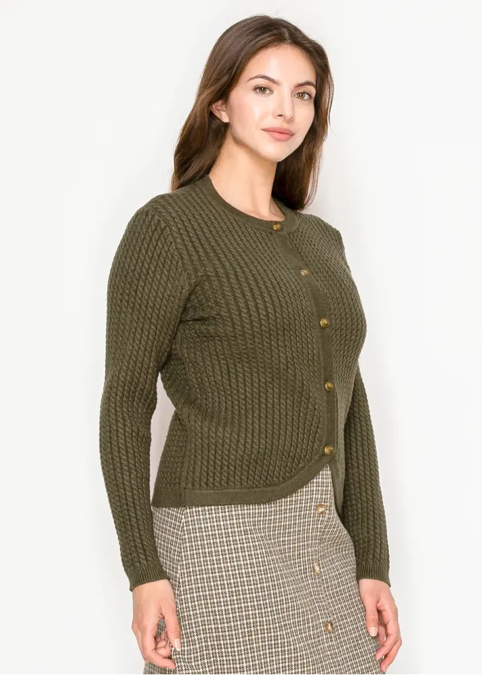 Olive Knit Cardigan with Curved Hem