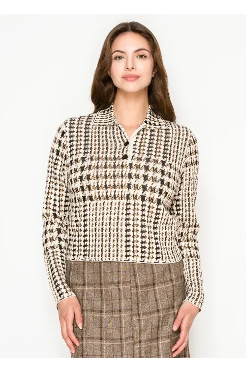 Camel Houndstooth Polo Sweater