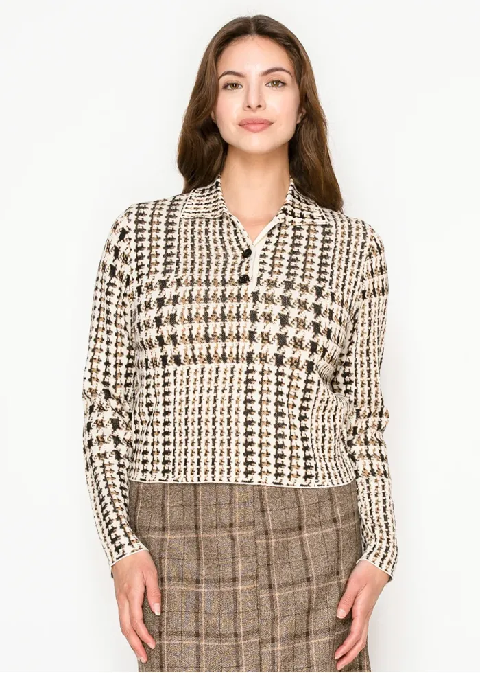 Camel Houndstooth Polo Sweater