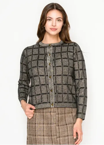 Lurex Grid Metallic Knit Cardigan in Gold