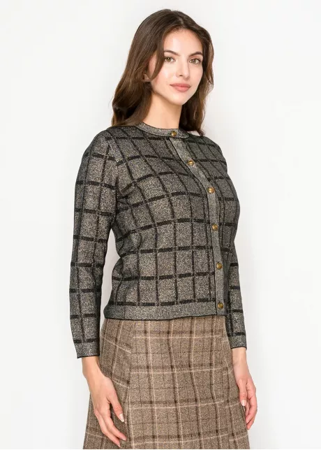 Lurex Grid Metallic Knit Cardigan in Gold