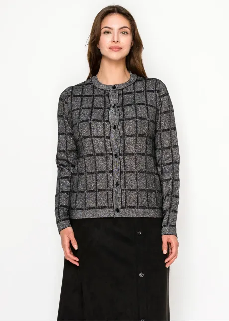 Lurex Grid Metallic Knit Cardigan in Silver