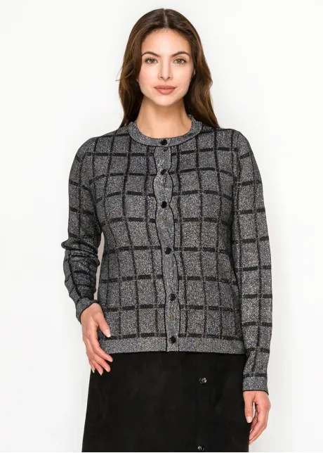 Lurex Grid Metallic Knit Cardigan in Silver