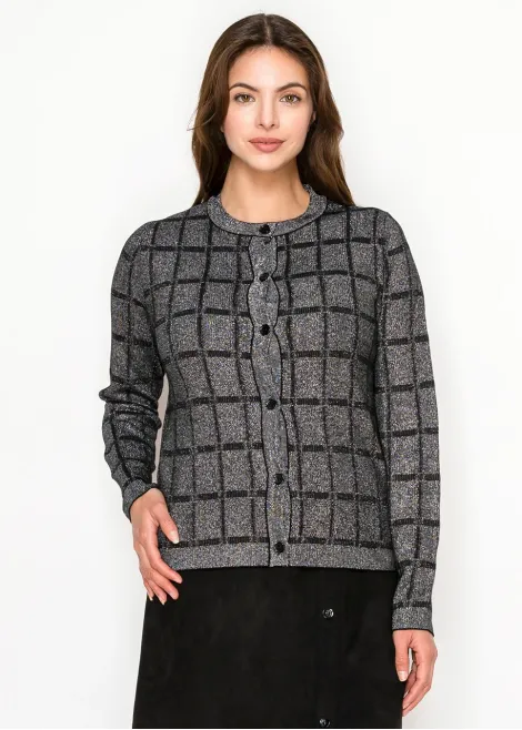 Lurex Grid Metallic Knit Cardigan in Silver