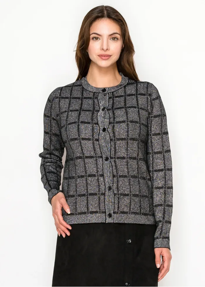 Lurex Grid Metallic Knit Cardigan in Silver