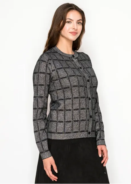 Lurex Grid Metallic Knit Cardigan in Silver