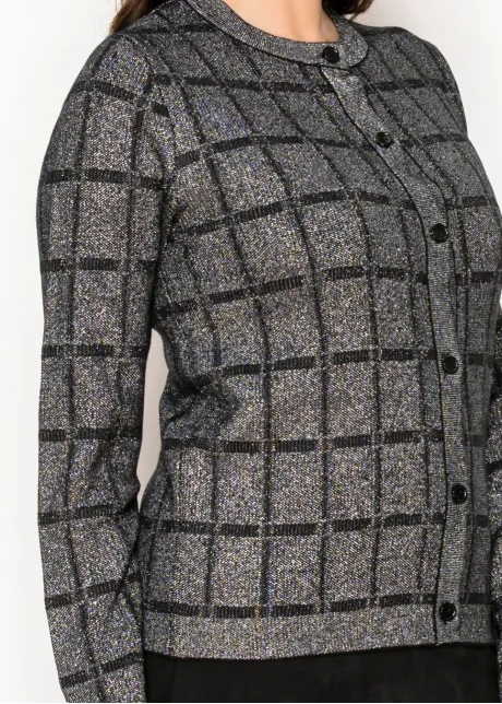 Lurex Grid Metallic Knit Cardigan in Silver