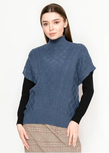Blue Mock Neck Cable Knit Vest