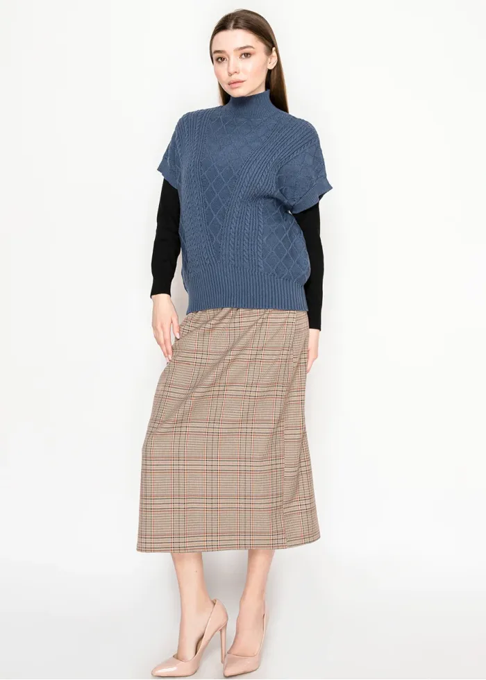 Blue Mock Neck Cable Knit Vest