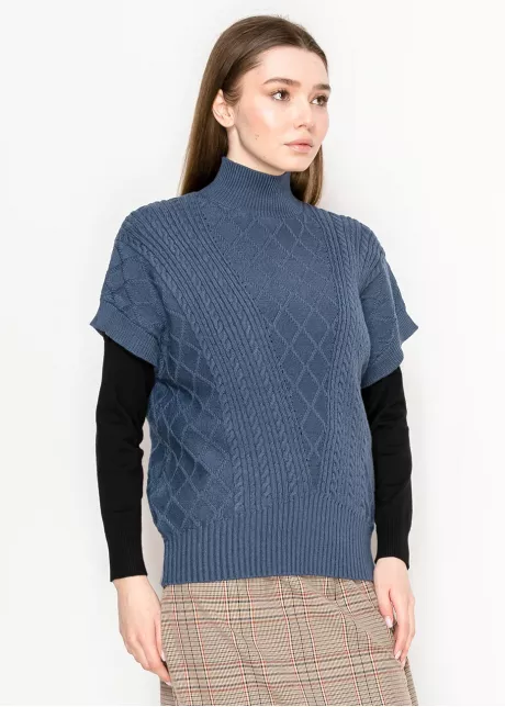 Blue Mock Neck Cable Knit Vest