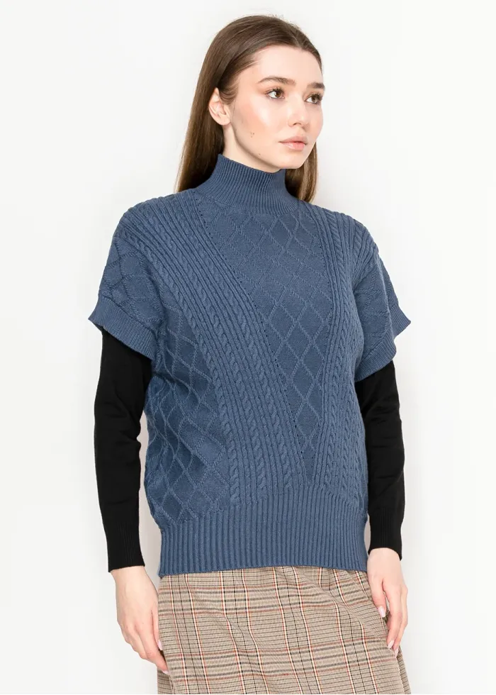 Blue Mock Neck Cable Knit Vest