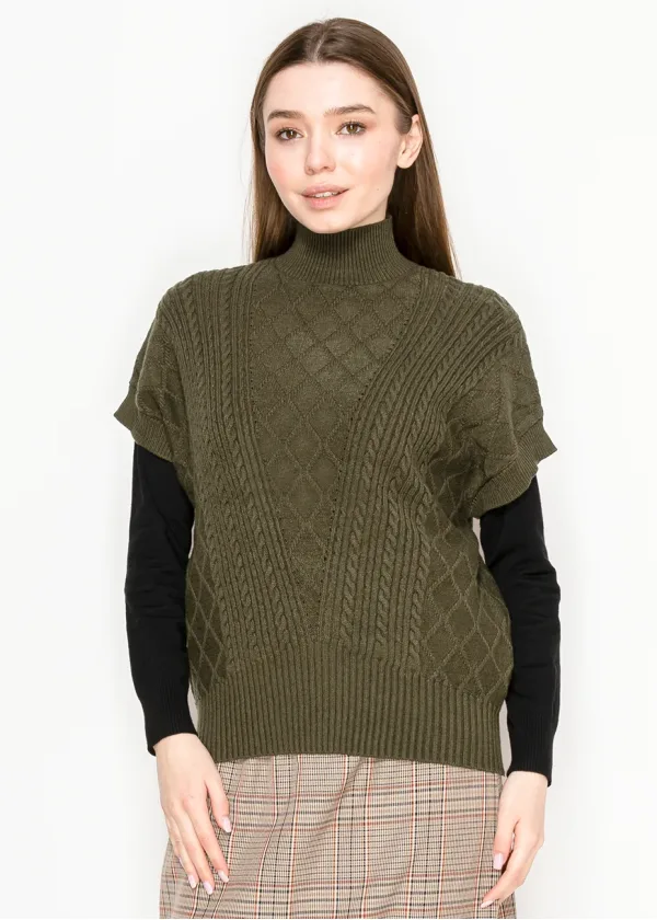 Olive Cable Knit Turtleneck Vest