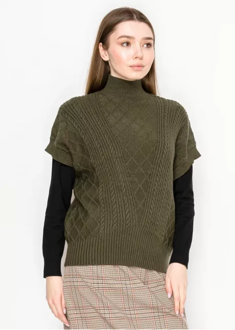 Olive Cable Knit Turtleneck Vest