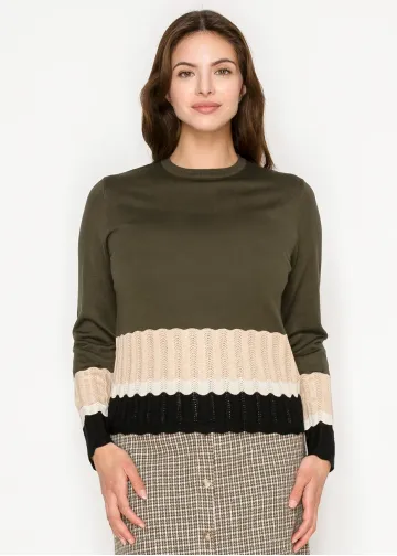 Olive Sweater with Ribbed Colorblock Hem