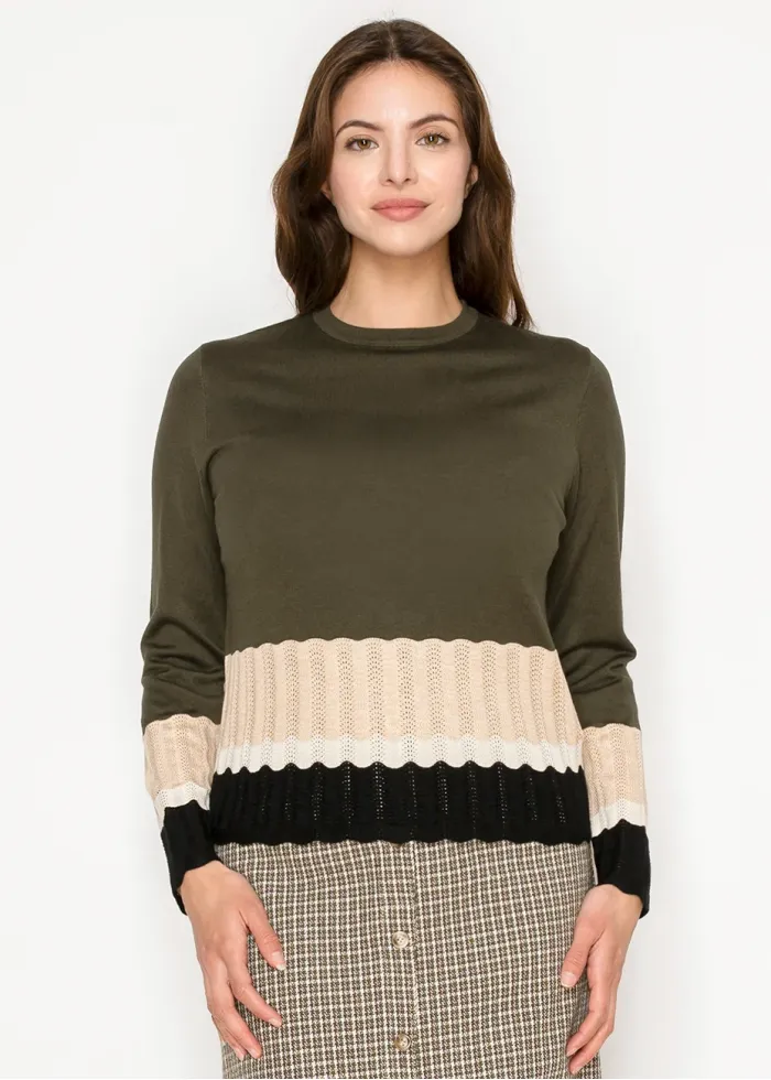 Olive Sweater with Ribbed Colorblock Hem