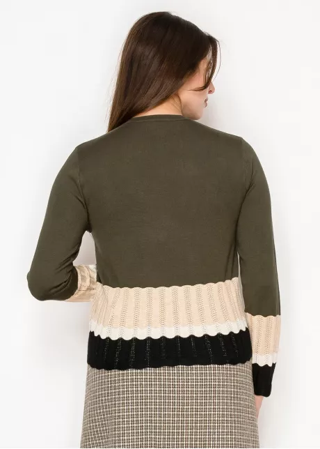 Olive Sweater with Ribbed Colorblock Hem