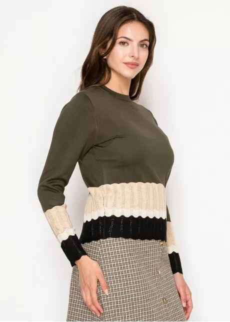 Olive Sweater with Ribbed Colorblock Hem