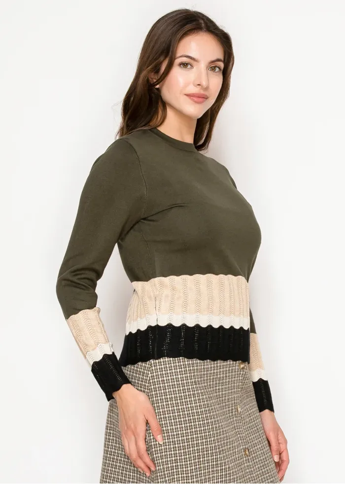 Olive Sweater with Ribbed Colorblock Hem