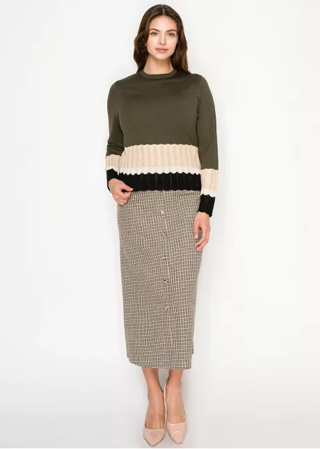 Olive Sweater with Ribbed Colorblock Hem