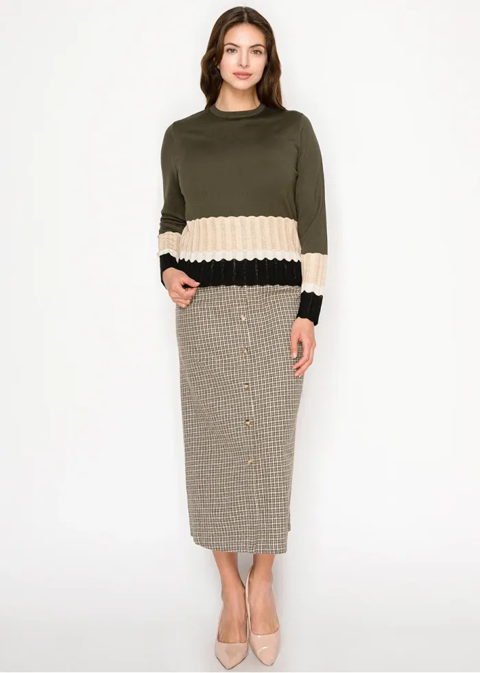 Olive Sweater with Ribbed Colorblock Hem