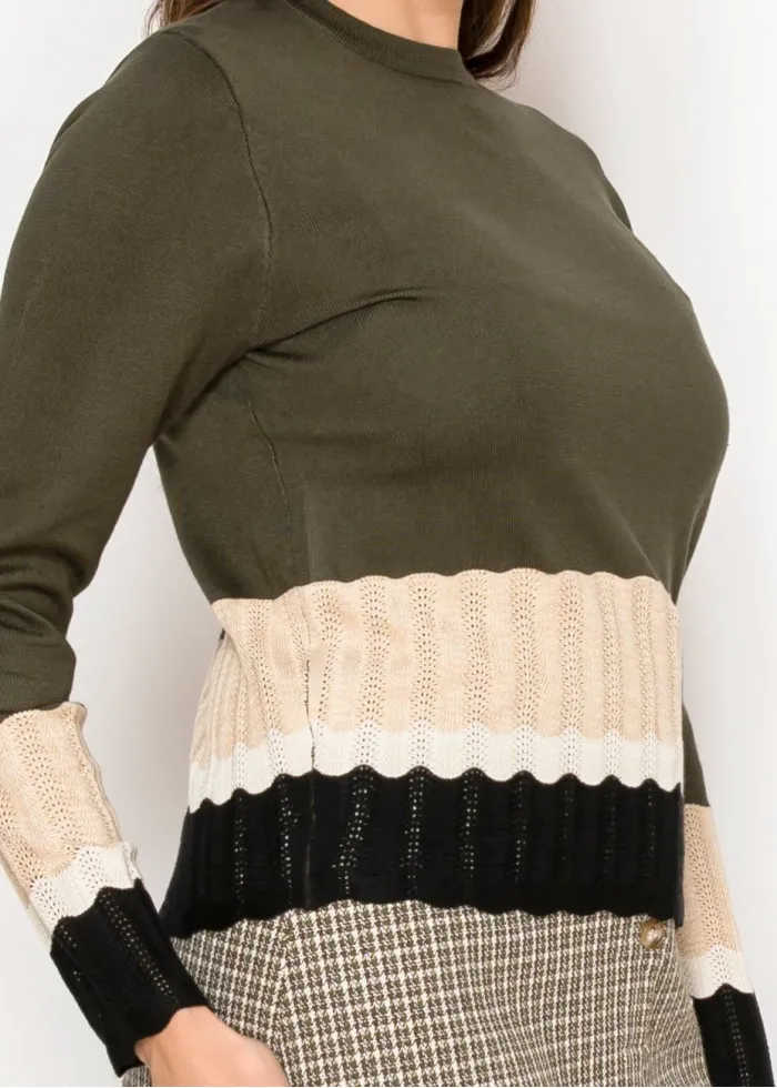 Olive Sweater with Ribbed Colorblock Hem