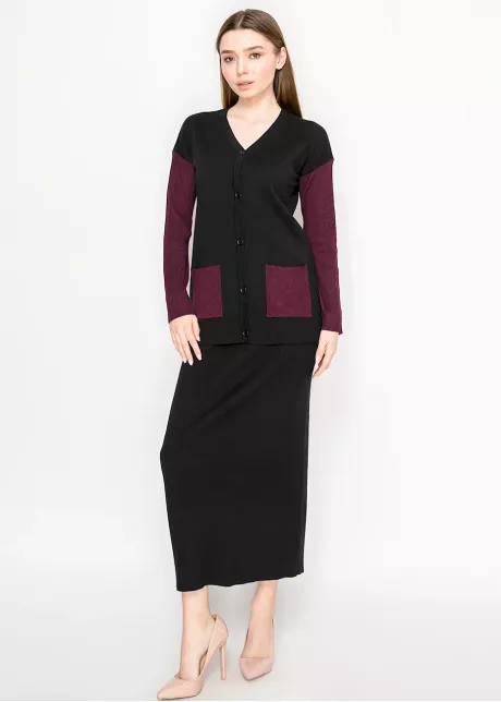 Two-Tone Knit Cardigan – Burgundy and Black