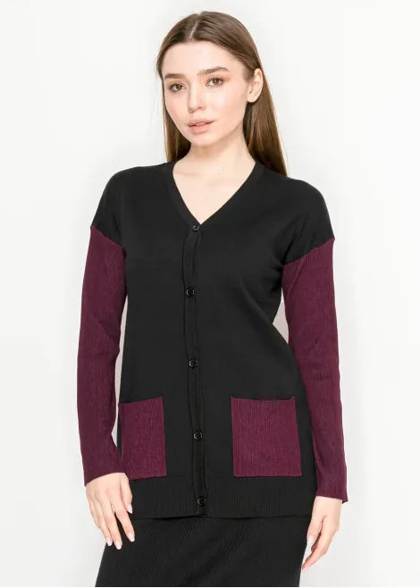 Two-Tone Knit Cardigan – Burgundy and Black