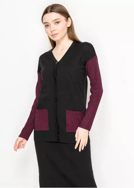 Two-Tone Knit Cardigan – Burgundy and Black