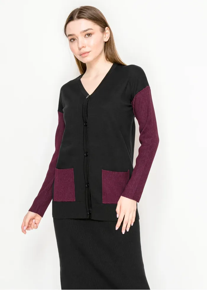 Two-Tone Knit Cardigan – Burgundy and Black