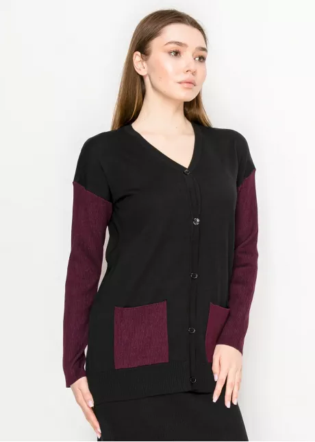 Two-Tone Knit Cardigan – Burgundy and Black