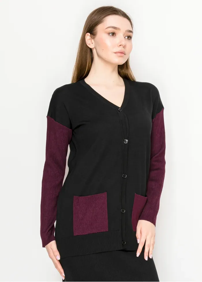 Two-Tone Knit Cardigan – Burgundy and Black