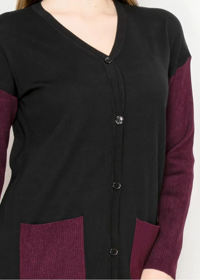 Two-Tone Knit Cardigan – Burgundy and Black