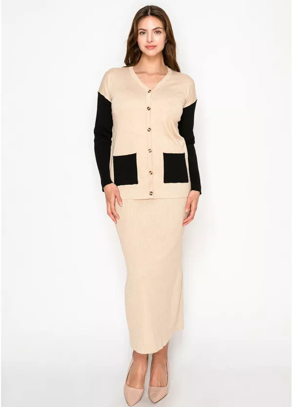 Oatmeal and Black Knit Cardigan & Skirt Set