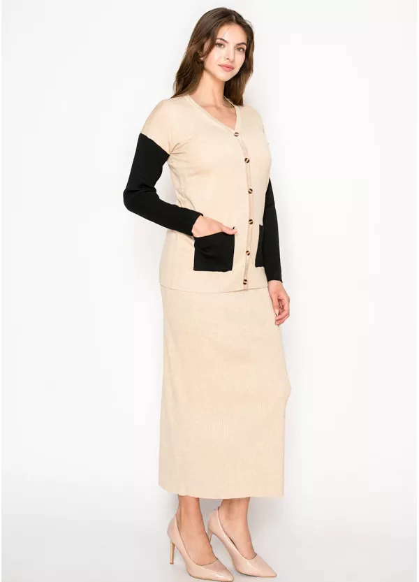 Oatmeal and Black Knit Cardigan & Skirt Set