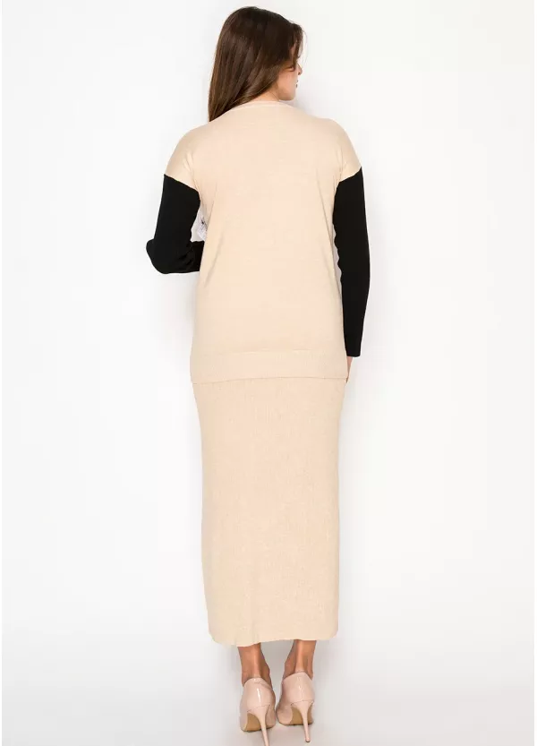 Oatmeal and Black Knit Cardigan & Skirt Set