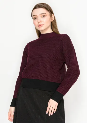 Burgundy Textured Sweater with Black Hem