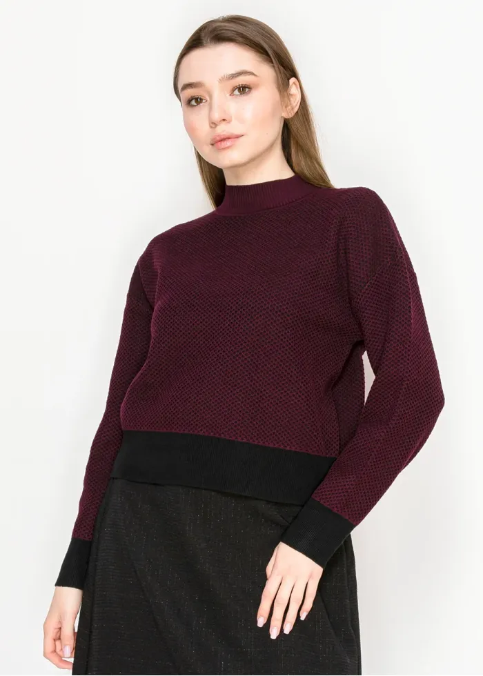Burgundy Textured Sweater with Black Hem