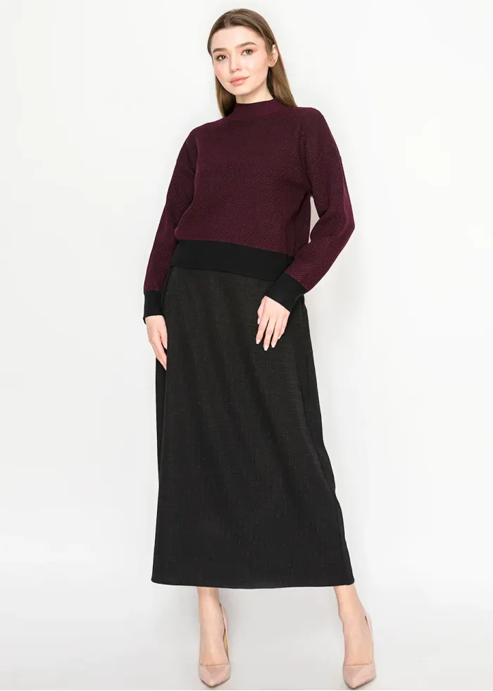 Burgundy Textured Sweater with Black Hem